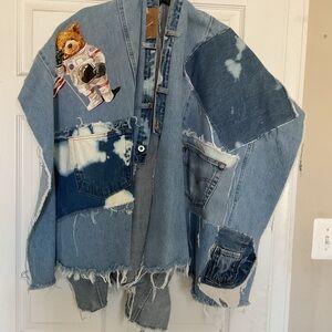 Patchwork Denim Jacket with Bear Patch